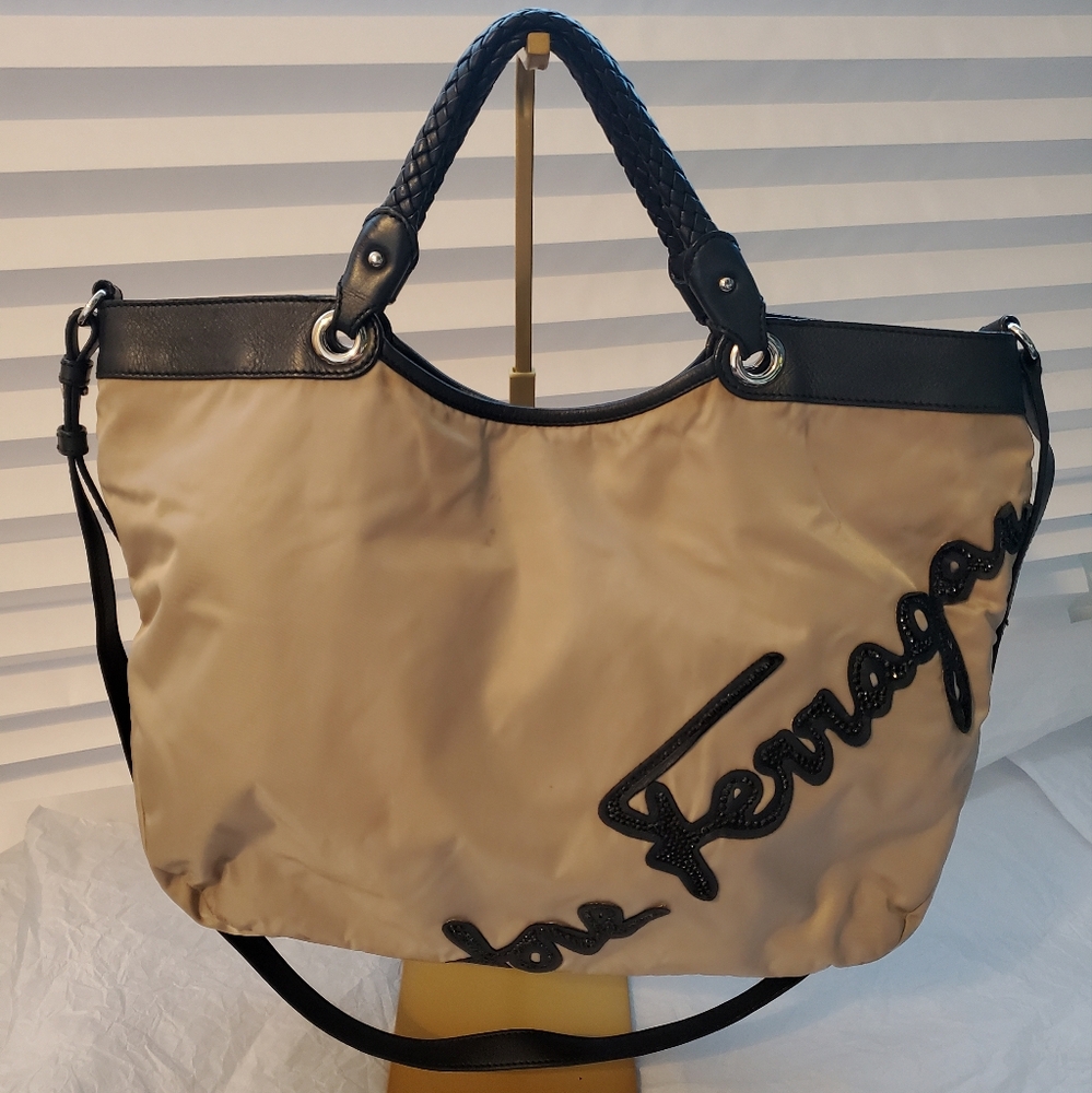 Salvatore Ferragamo Beige Nylon Top Handle Bag